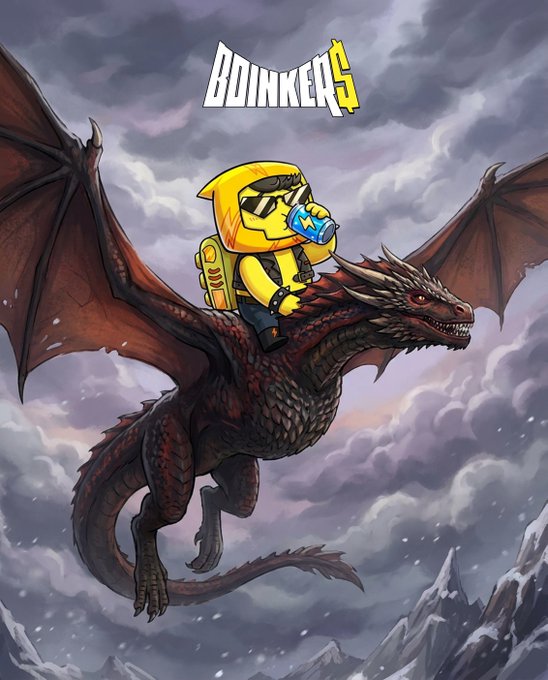 A cartoon yellow character wearing sunglasses and a backpack, drinking from a can, rides a fierce red dragon through cloudy skies above snowy mountain peaks, with the "BOINKERS" logo at the top, matching the post's "Dragon mode ACTIVATED" reference and "Nico's Wheel" promo.