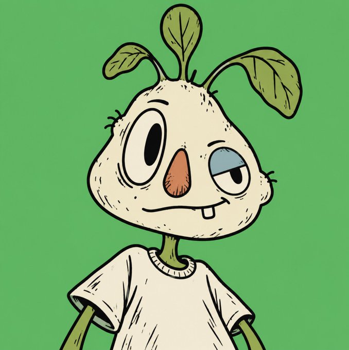 A cartoon character with a radish-like head, sprouting green leaves, large expressive eyes, and a small fang smiles while wearing a white t-shirt against a green background. The image serves as a quirky promotional visual for the "Odd Sprouts" NFT collection of 250 hand-drawn characters launching on Robinhood Chain.