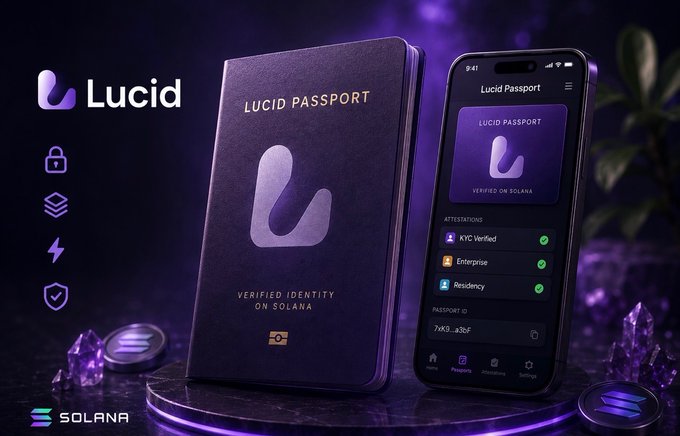 A promotional image showcasing "Lucid Passport" by Lucid, featuring a physical passport booklet labeled "LUCID PASSPORT - Verified Identity on Solana" alongside a smartphone displaying the Lucid Passport app with attestations including "KYC Verified," "Enterprise," and "Residency," all branded with the Solana logo. The image visually reinforces the post's message about Solana's scalability and low-cost capabilities for identity verification, illustrating how millions of digital passports and attestations can be efficiently managed on the blockchain through PDAs and state compression.