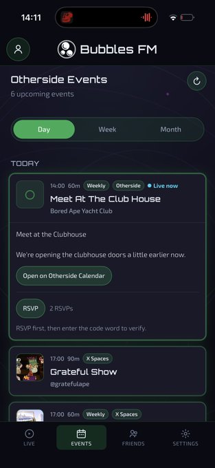 A mobile app screenshot of 'Bubbles FM' shows an 'Otherside Events' page with listings including 'Meet At The Club House' at 14:00 and 'Grateful Show' at 17:00.