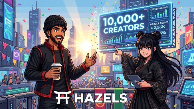 A vibrant illustrated promotional graphic featuring a man in a black beanie holding a coffee cup and a woman with twin buns holding a tablet, set against a city backdrop with a digital display showing "10,000+ CREATORS" and "HAZELS" branding.