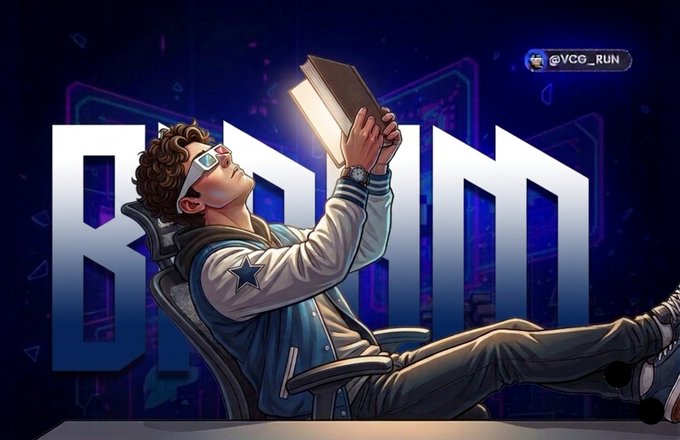 The image features a man sitting down with his legs crossed while reading a book titled "Boom". The background of the image has blue neon lights that match the color of the word "Boom" written above him, creating an interesting visual effect. The caption below the image reads "Good morningg Pushing more contents on Ai and gaming. Still working on using the feedbacks I’m getting to improve my game. My plans for getting a new jobs hasn't changed. Announcing NFT launch soon, let's keep pushing!".