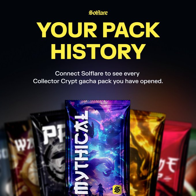 A promotional graphic for Solflare's new "PACK HISTORY" feature, showing the Solflare logo at the top with bold yellow text reading "YOUR PACK HISTORY" and the subheading "Connect Solflare to see every Collector Crypt gacha pack you have opened," displayed above an image of colorful holographic trading card packs (including one prominently labeled "Mythick!"). The image visually supports the announcement by illustrating the product integration between Solflare wallet and Collector Crypt's gacha card packs on the Solana blockchain.