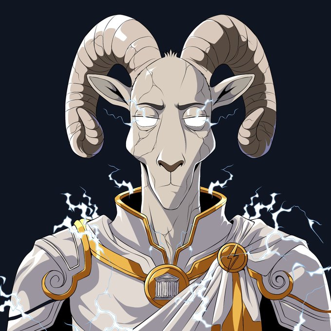 A digital illustration shows an anthropomorphic ram character with large curled horns, wearing white and gold armor featuring a temple emblem and lightning bolt symbol, surrounded by crackling blue electricity.