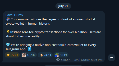 Telegram post from Pavel Durov dated July 21 announcing a non-custodial Gram wallet for Telegram, with 538.5K views and 7723 reactions.