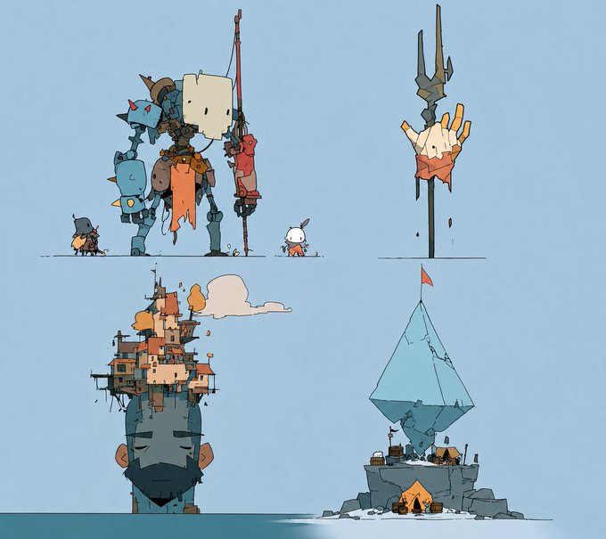 A whimsical illustration features four fantasy scenes: a large mech-like creature with a spear alongside a small character, a hand impaled on a spire, a giant head with a village on top, and a floating crystalline structure above a small castle.