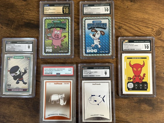 A collection of graded trading cards in protective slabs (CGC), featuring characters like 'Patient Pig', 'Radio Dog', 'Notorious Ninja', 'Methodical Mammoth', 'Tolerant Tuna', and a '72' style card, with grades of 9 and 10.