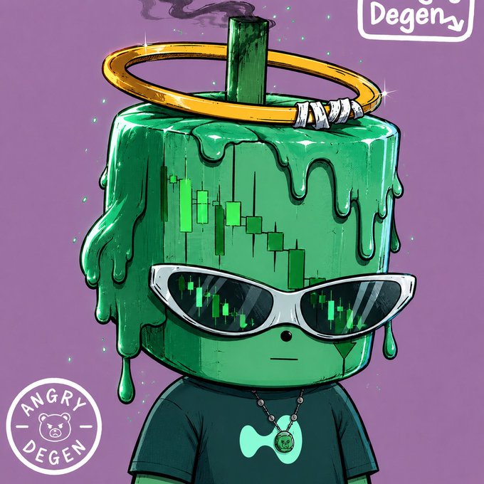 The image features a cartoon character wearing sunglasses, a t-shirt with a logo, and a necklace. The character has a green head that appears to be melting or dripping something onto itself. The background of the image is purple, which contrasts with the character's green head. There are also some text elements in the image, including "Gm CT Hyperliquid!!!", "Focus on what is in the image and how it relates to the post".