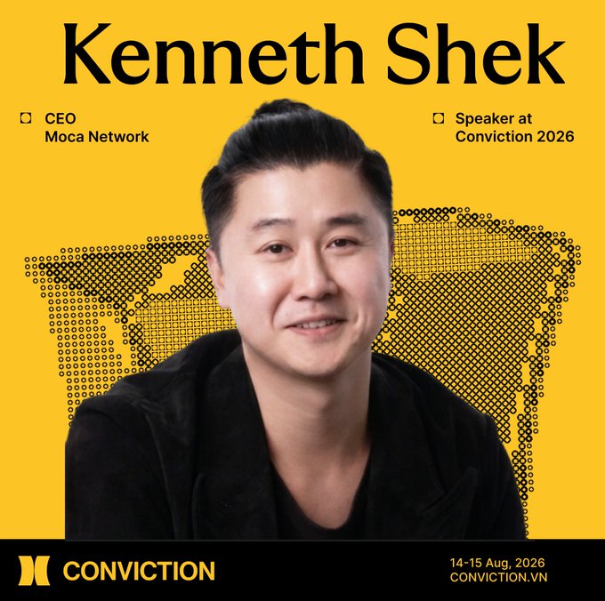 Promotional graphic for Conviction 2026 conference (August 14-15, 2026), featuring Kenneth Shek, CEO of Moca Network, listed as a speaker against a yellow halftone-patterned background. The image aligns with the accompanying post announcing his participation to discuss the future of stablecoins beyond USD rails.