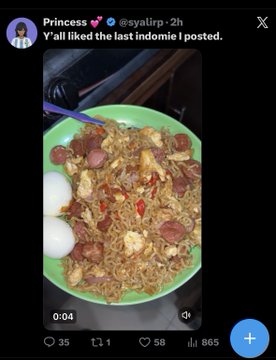 A screenshot of an X post by @syalirp (Princess) showing a video of a plate of noodles with sausage, egg, and chili with the caption 'Y'all liked the last indomie I posted.'