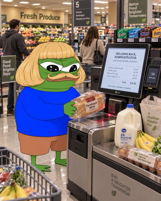 An illustrated cartoon character with green skin, a blonde bob, and a mustache standing at a self-checkout kiosk in a grocery store, scanning a loaf of bread, with signage reading 'Fresh Produce' and 'Better Food Brighter Tomorrows'.