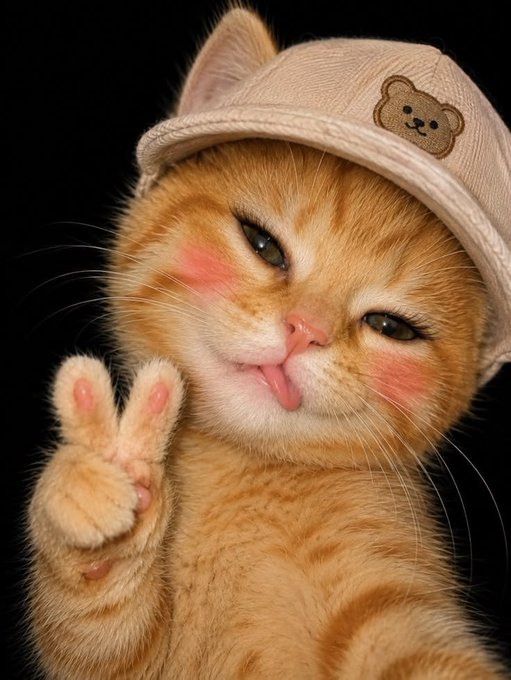 A close-up of an orange tabby kitten with rosy blushed cheeks wearing a beige cap with a bear patch, sticking its tongue out and making a peace sign with its paw.