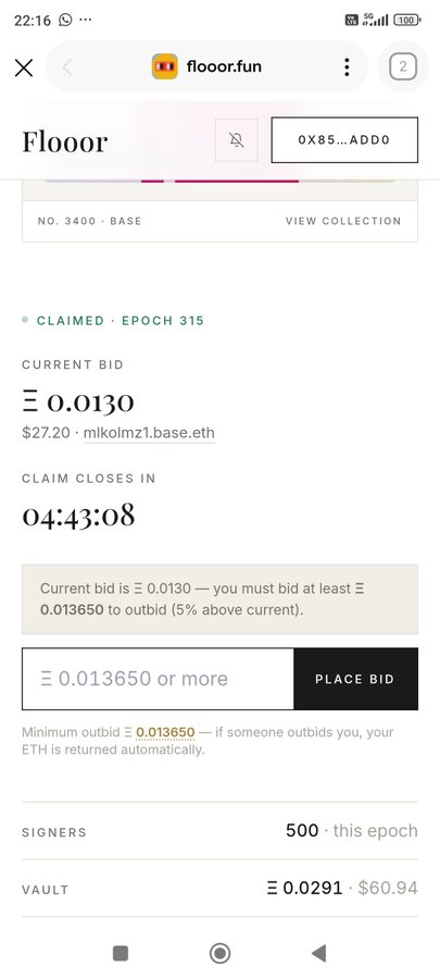 The image shows a Flooor.fun bidding page for NFT "Flooorr" (No. 3400, Base) with a current bid of Ξ0.0130 ($27.20), 500 signers, and a vault of Ξ0.0291 ($60.94), with 4:43:08 left to claim. While the post asks about increasing @1kilokripto's vrnoun holdings via $ALIGN airdrops, the image relates more to the broader context of NFT bidding culture rather than the specific ALIGN/token discussion.