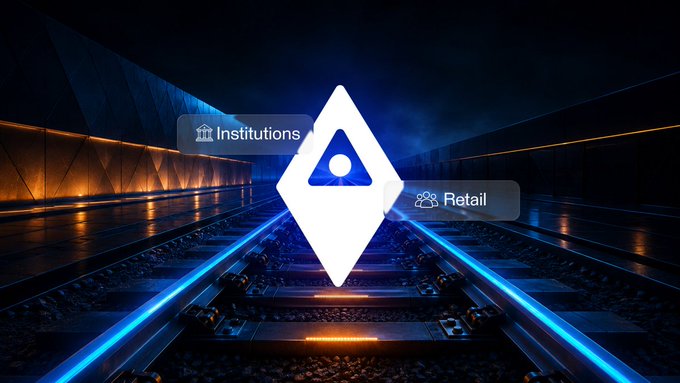 A glowing DDSC logo is centered against a futuristic railway tunnel backdrop, flanked by two labeled callouts reading "Institutions" on the left and "Retail" on the right. The dual categories visually reinforce the message of serving both institutional clients—highlighted by the AED 150M+ settlement milestone—and retail users on ADI Chain.