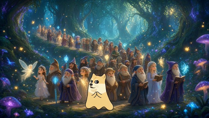 A whimsical gathering of wizards, fairies, and magical creatures stands in an enchanted forest filled with glowing lights, accompanied by a cartoon dog character in the foreground.