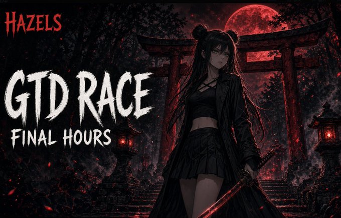 An anime-style promotional graphic reading 'HAZEL'S GTD RACE FINAL HOURS' featuring a female warrior character with a katana standing before a torii gate under a blood red moon.