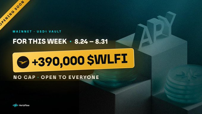 Promotional graphic by HertzFlow announcing a "Mainnet USD1 Vault" opening soon, offering up to 390,000 $WLFI tokens at up to 30% APY for the week of 8.24–8.31, with no cap and open to everyone. The bold yellow banner highlights the WLFI reward allocation against a dark 3D "APY" backdrop, reinforcing the post's call that "every day out is yield left behind."