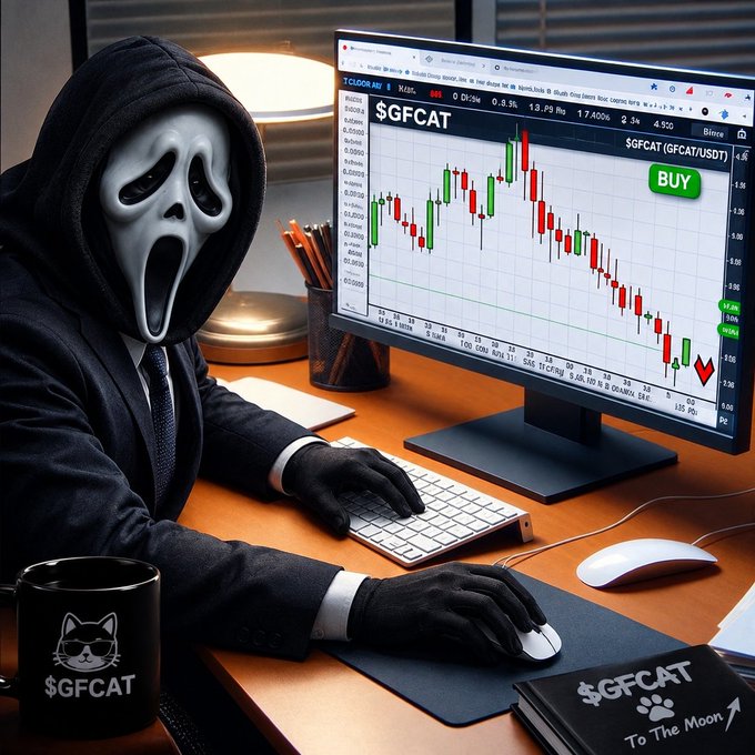 A stylized scene depicts a hooded figure in a white Scream mask trading at a desk, with a monitor showing a declining "$GFCAT" candlestick chart and labels including "BUY," "GFCAT/GFCAT/USDT," and "To The Moon."