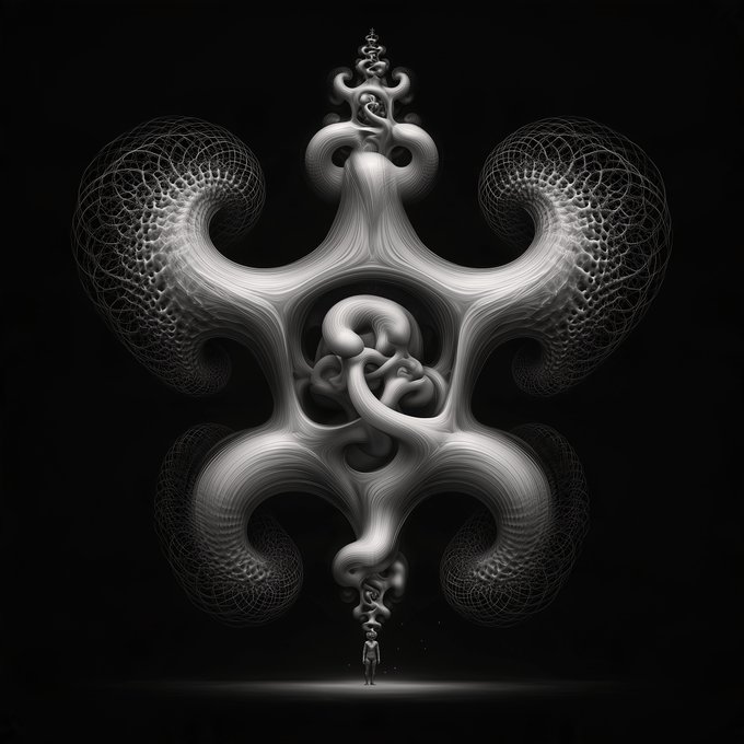 A black and white digital artwork showing a tiny figure standing below a massive, symmetrical structure made of twisting, textured forms that look like tentacles or alien shapes.