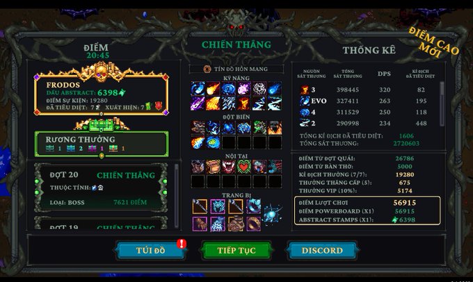 A Vietnamese-language victory screen from a game showing stats for a player 'FRODOs' with damage dealt, kills, and equipment loadout.