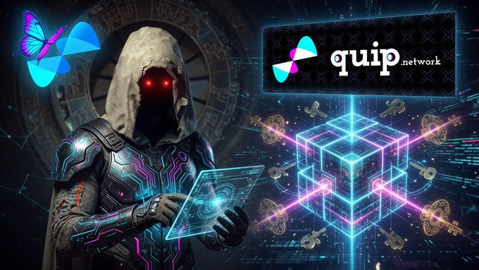A digital art image featuring a hooded figure with red eyes holding a tablet, alongside 'quip.network' branding with a glowing blue cube and cryptocurrency elements.