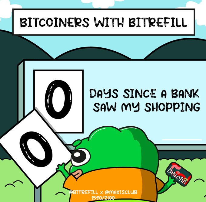 The cartoon shows a green Bitrefill mascot flipping "0" signs on a "Days Since a Bank Saw My Shopping" billboard under the title "BITCOINERS WITH BITREFILL," with "1590/2100" at the bottom, humorously illustrating the Bitcoin community's "bankless" lifestyle by celebrating complete financial independence from traditional banks.