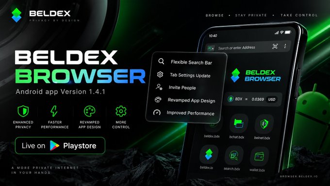 Promotional banner for the Beldex Browser Android app Version 1.4.1, highlighting features like 'Flexible Search Bar', 'Tab Settings Update', and 'Enhanced Privacy', with a 'Live on Playstore' button.