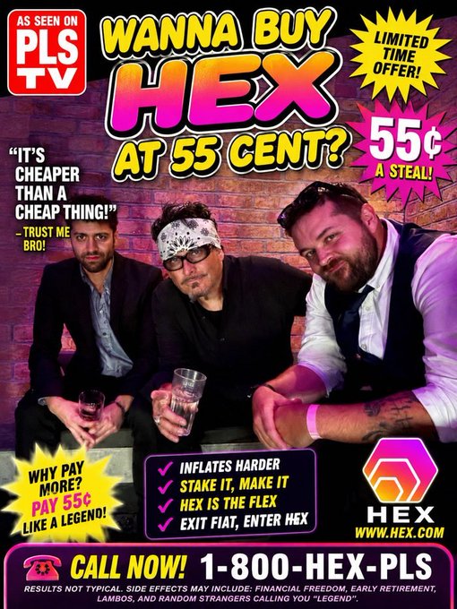 An infomercial-style advertisement for HEX cryptocurrency with the headline 'WANNA BUY HEX AT 55 CENT!?' featuring three men sitting against a brick wall, a fake phone number '1-800-HEX-PLS', and various promotional claims.