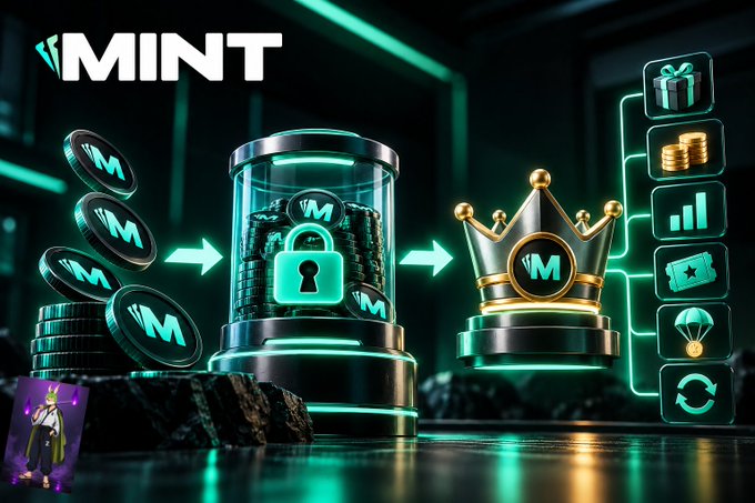 A digital promotional graphic displaying 'MINT' text, featuring illustrations of coins, a secured container, and a crown, alongside various gaming icons.