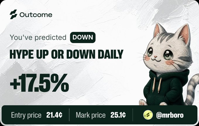 An 'Outcome' prediction card stating 'You've predicted DOWN', 'HYPE UP OR DOWN DAILY +17.5%', with an entry price of 21.4₩, mark price of 25.1₩, and the handle '@mrboro', accompanied by a cartoon cat in a hoodie.