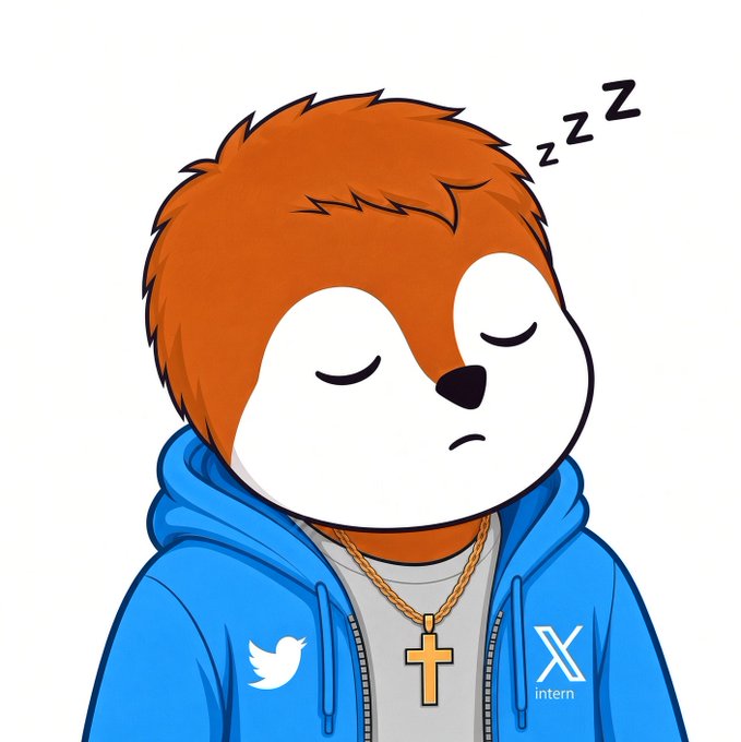 Digital illustration of an anthropomorphic fox character sleeping, wearing a blue hoodie with Twitter and X intern logos, along with a gold cross necklace.