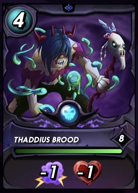 A fantasy trading card game card featuring a blue-haired zombie-like character named 'THADDIUS BROOD' with a skull staff, costing 4 mana, with 8 attack and -1/-1 debuffs.