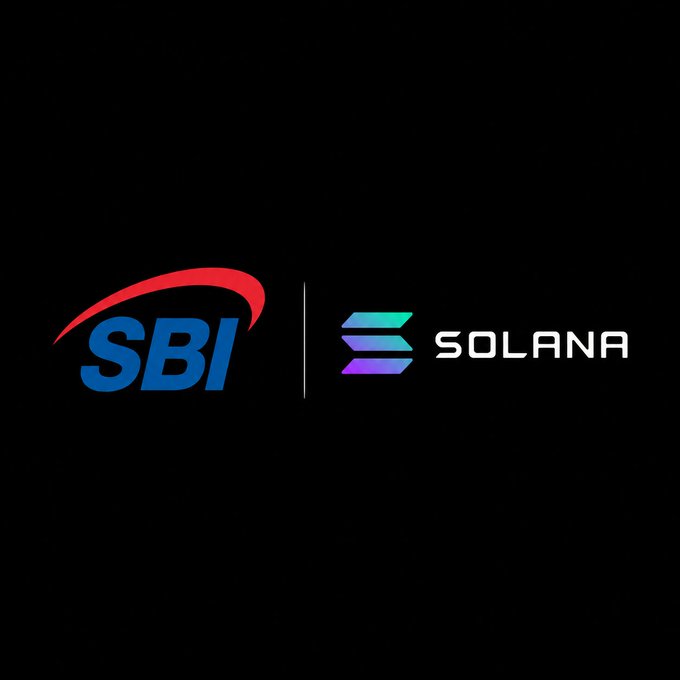 The image displays the SBI and Solana logos side by side against a black background, visually representing the new partnership between SBI Group and the Solana Foundation, which the post explains will form "SBI Solana Global" to develop initiatives like the JPYSC yen stablecoin and tokenized real-world assets.