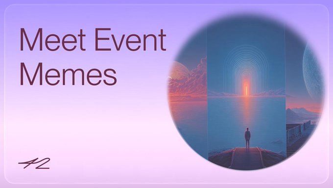 The image features a purple background with white text that reads "Meet Event Memes" at the top of the frame. Below this, there are two images depicting a man standing near water and another man walking along a path. The text also mentions an event called "eMeme", which is likely related to the event or meme being discussed in the image.