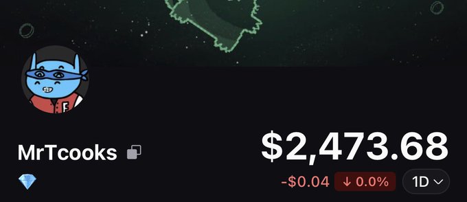 A profile for 'MrTcooks' showing a diamond/token balance of $2,473.68, down $0.04 (0.0%) over 1 day.