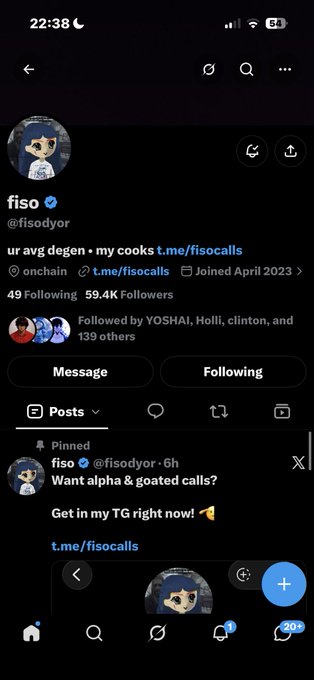 A screenshot of an X (Twitter) profile for 'fiso' (@fiso dyor), showing a pinned tweet reading 'Want alpha & goated calls? Get in my TG right now!' with a link to t.me/fisocalls, 59.4K followers, and 49 following.