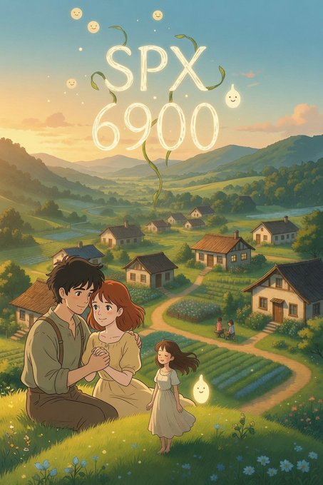 A Studio Ghibli-style illustration of a family in a pastoral village setting with floating smiling spirits and the text 'SPX 6900' formed in the clouds.