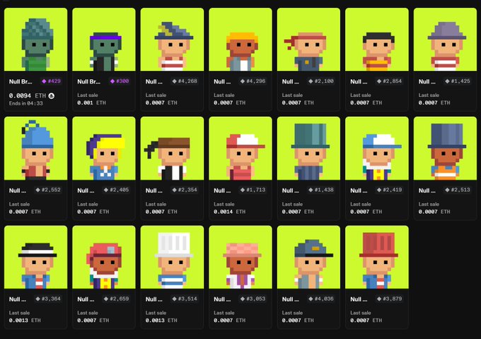 The image displays a grid of pixel-art character NFTs called "Null Brokers" from a marketplace, featuring various avatars with prices in ETH and final sale counts highlighted in purple (e.g., "#429", "#300", "#4268"). The collection shows a leading character priced at 0.0024 ETH with 04:33 remaining, while others have "Last sale" prices ranging from 0.0007 ETH to 0.0014 ETH, illustrating the affordable entry point the user mentions at $0.0001 mint price and current floor of 0.009 ETH.