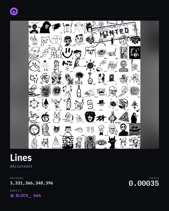 An Ordinals marketplace listing for 'Lines' by Arietedot, showing Satoshi inscription number 3,331,366,348,396 at a price of 0.000035.