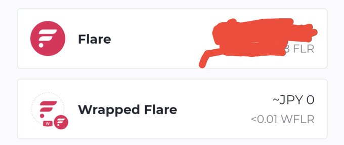 A digital wallet screenshot displays a "Flare" token balance (partially obscured) and a "Wrapped Flare" balance of less than 0.01 WFLR (~JPY 0), reflecting the user's choice to hold FLR directly over WFLR after delegating rewards.
