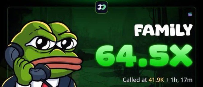 A green Pepe the Frog character in a suit holding a phone, alongside the text 'FAMILY 64.5X' and 'Called at 41.9K | 1h, 17m'.