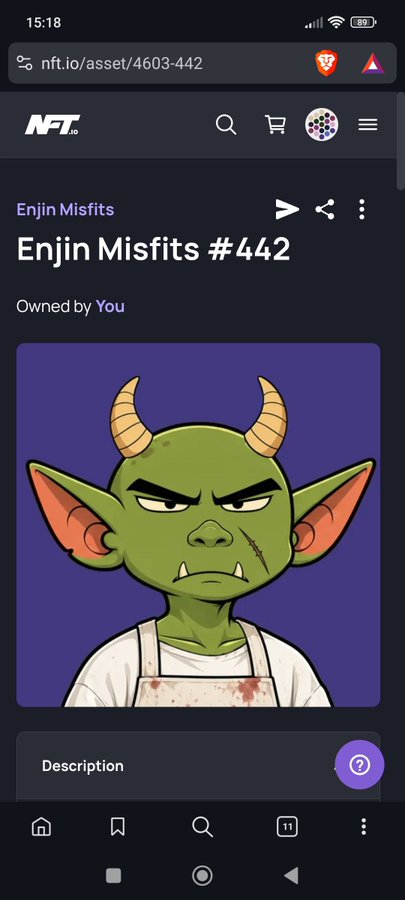 A mobile screenshot of the NFT.io website displays a digital collectible titled "Enjin Misfits #442" featuring a green goblin character with horns and a scar, marked "Owned by You".