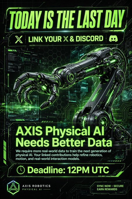 A futuristic green-themed advertisement for Axis Robotics Physical AI displays 'TODAY IS THE LAST DAY', 'LINK YOUR X & DISCORD', 'AXIS Physical AI Needs Better Data', and a 'Deadline: 12PM UTC'.