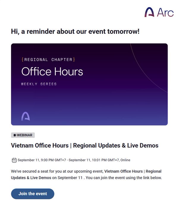 An event reminder email from 'Arc' for 'Vietnam Office Hours | Regional Updates & Live Demos,' a weekly webinar scheduled for September 11 at 9:00 PM GMT+7.