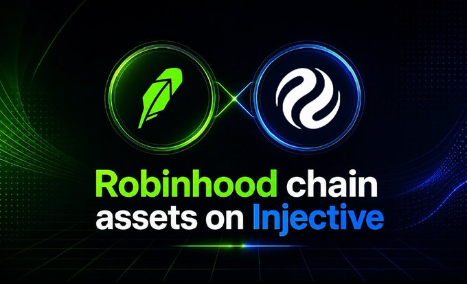 The image displays the logos of Robinhood (green feather) and Injective (blue emblem) side by side with the text "Robinhood chain assets on Injective," visually announcing the integration between the two platforms as referenced in the post about traditional finance and crypto convergence.