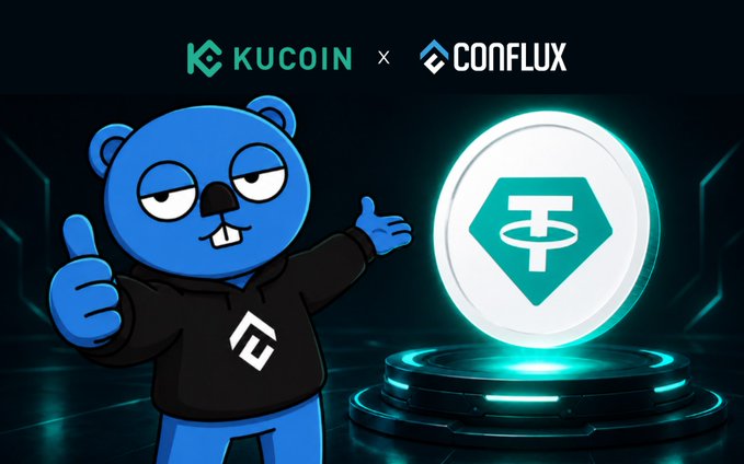 A promotional graphic showing a partnership between KuCoin and Conflux, featuring KuCoin's blue bear mascot gesturing toward the Tether (USDT) coin.