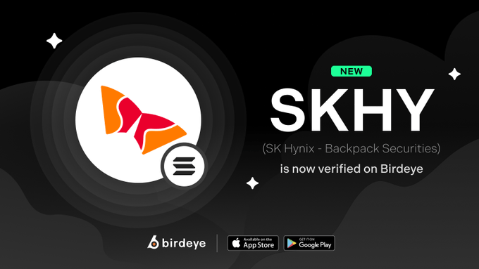 A promotional graphic announcing that SKHY (SK Hynix via Backpack Securities) is now verified on Birdeye, featuring the SKHY logo alongside a "NEW" tag and app download badges for the App Store and Google Play. The design visually supports the post's announcement about the tokenized SK Hynix shares being available for on-chain exposure on Solana through Sunrise.