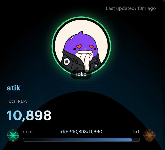A profile screen for 'atik' showing a purple cartoon character avatar labeled 'roko', a 'Last updated: 13m ago' timestamp, 'Total REP: 10,898', and a progress bar for '+REP 10,898/11,660' with a 'ToT' indicator.