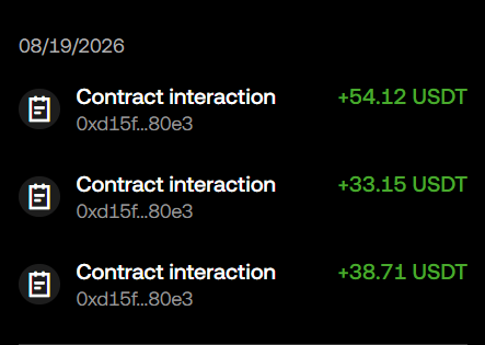 A mobile transaction history screen dated 08/19/2026 showing three 'Contract interaction' entries with addresses starting 0xd15f...80e3 earning +54.12 USDT, +33.15 USDT, and +38.71 USDT in green text.