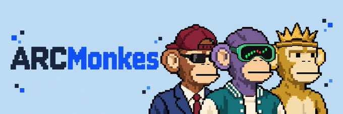 A logo banner for 'ARC Monkes' featuring pixel-art illustrations of three monkeys wearing different accessories (cap, goggles, crown) on a blue background.